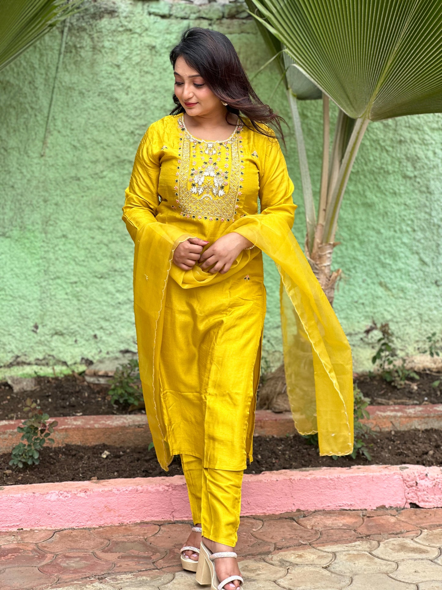 Yellow Silk Hand Embroidered Pink Dress