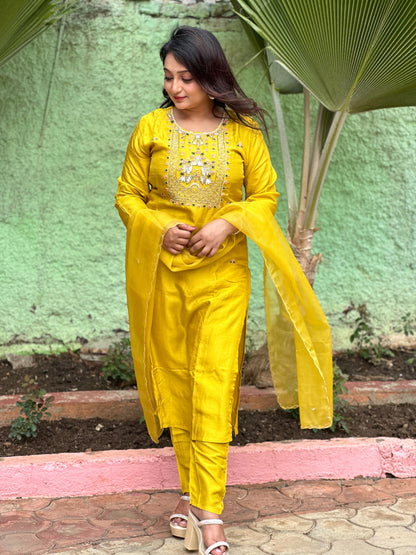 Yellow Silk Hand Embroidered Pink Dress