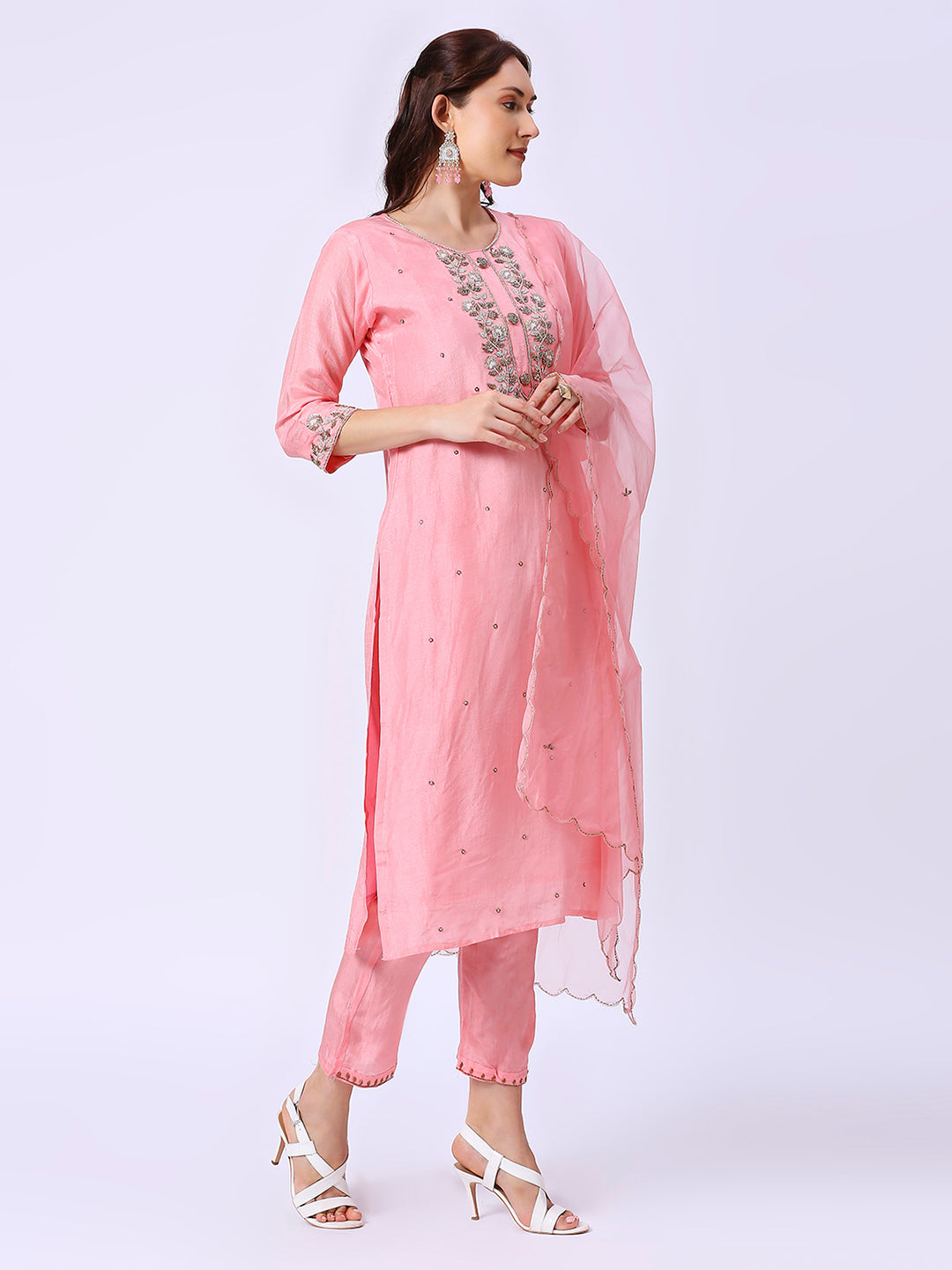 Pink Embroidered Silk Set