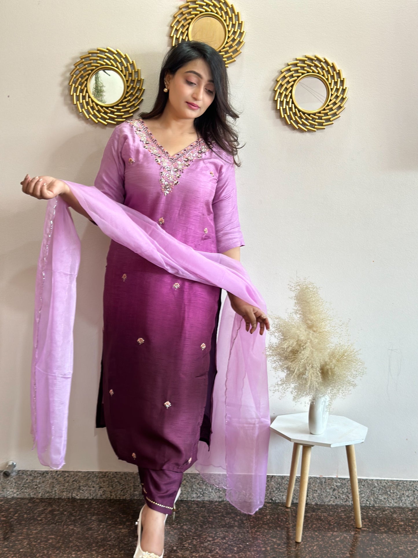 Ombré Pure Dola Silk Embroidered Kurta Set