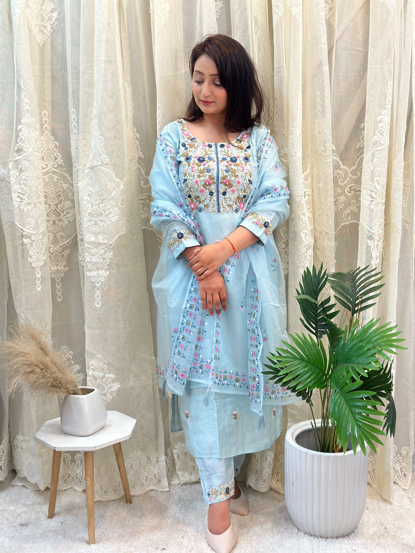 Ribbon Embroidered Kurta Set With Hand Painted Dupatta