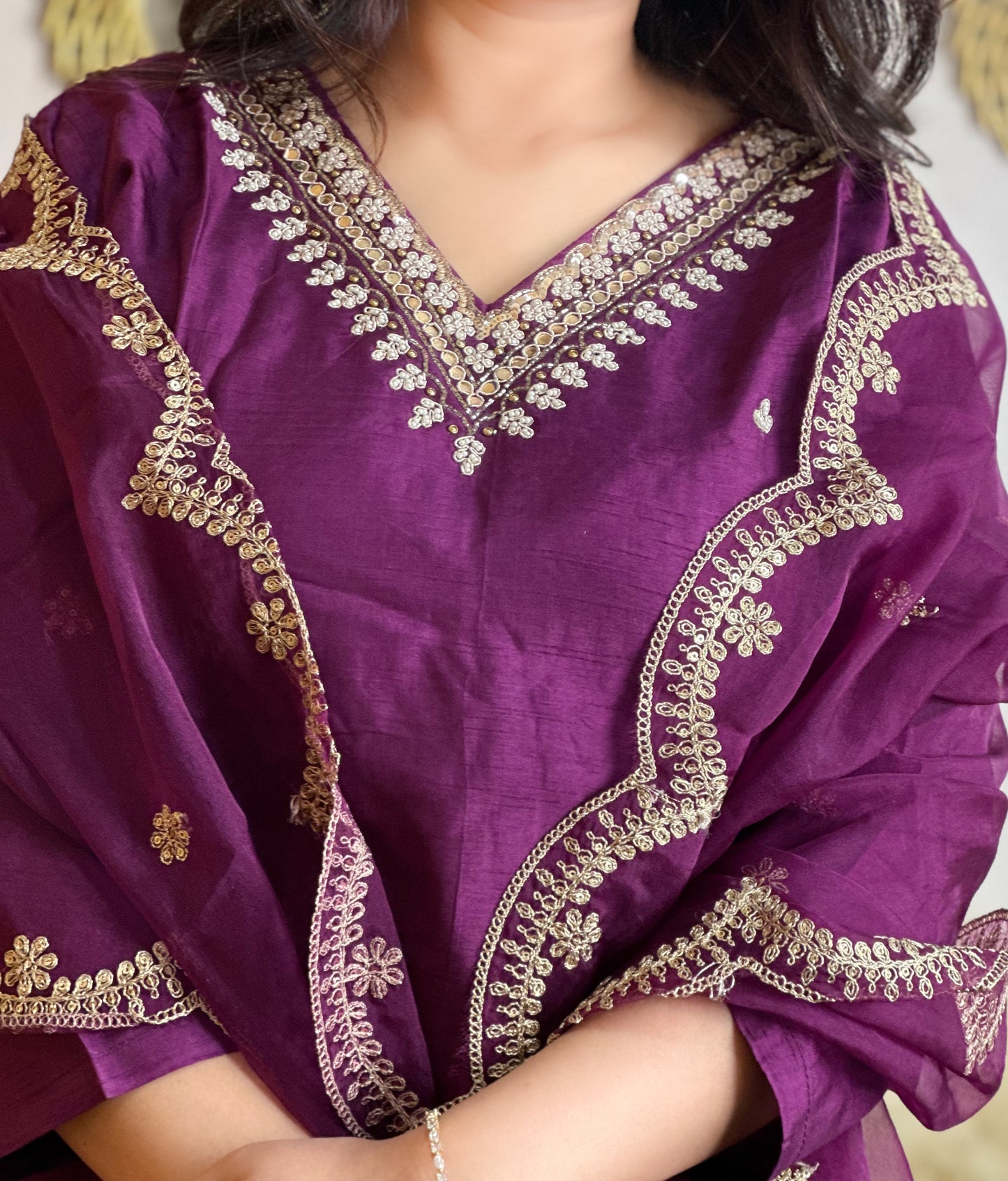 Embroidered Kurta Set With Scalloped Dupatta.