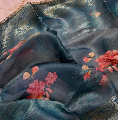 Classy Floral Organza Blue Kurta Set