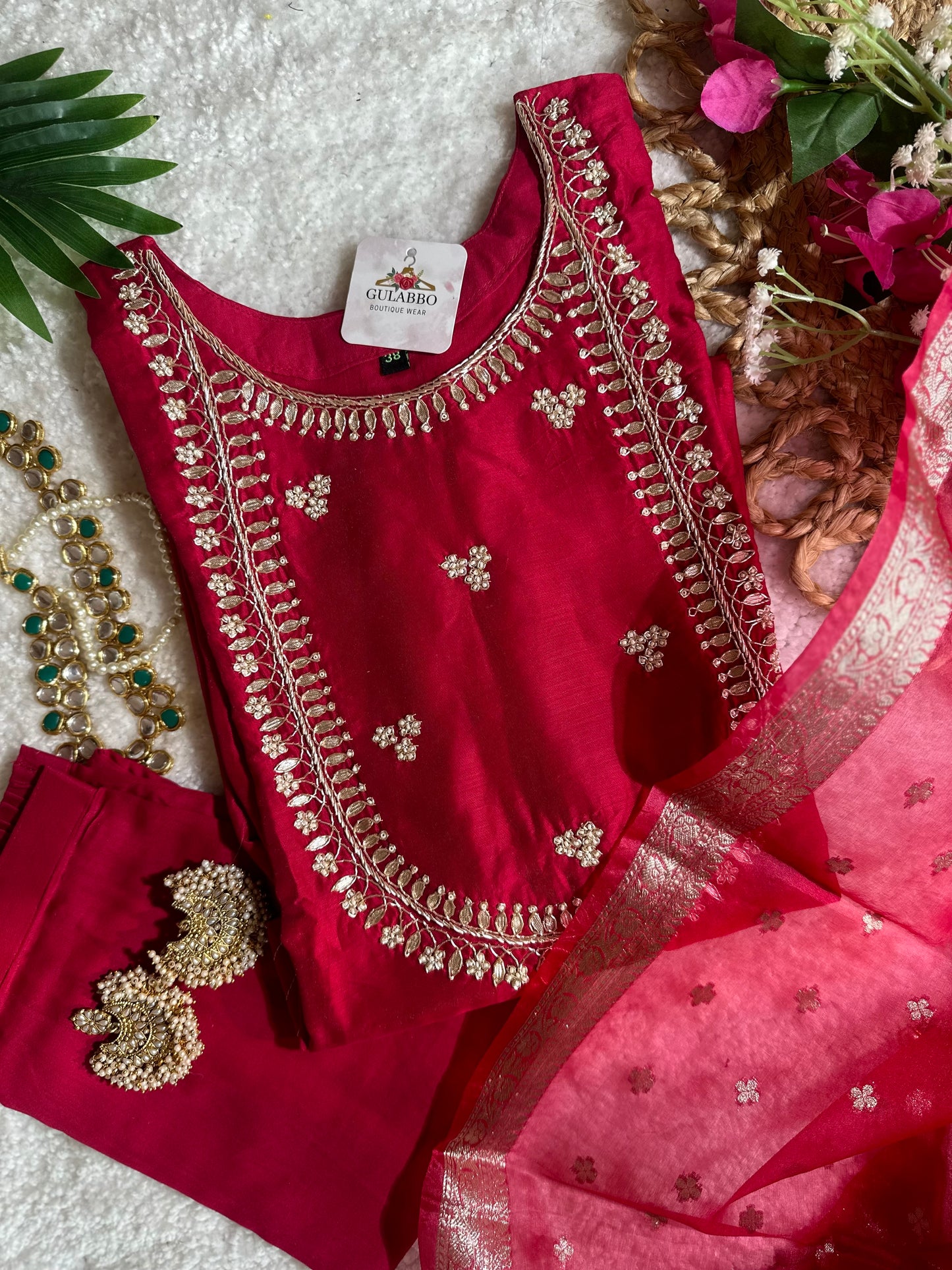 Festive Red Embroidered Silk Set