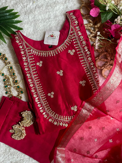 Festive Red Embroidered Silk Set