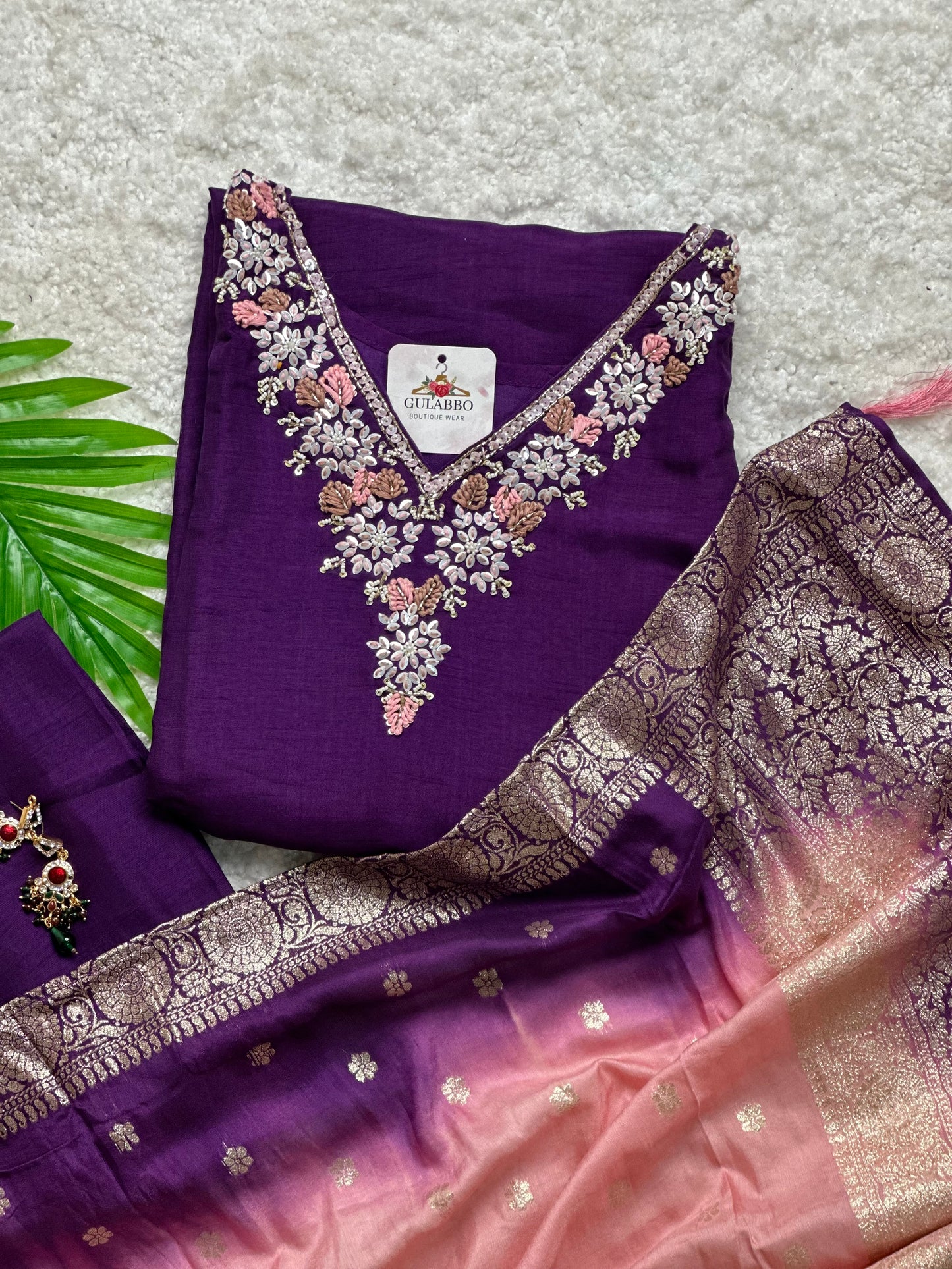 Embroidered Kurti Set With Two-Shade Banarasi Dupatta