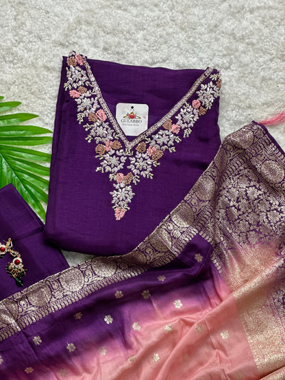 Embroidered Kurti Set With Two-Shade Banarasi Dupatta