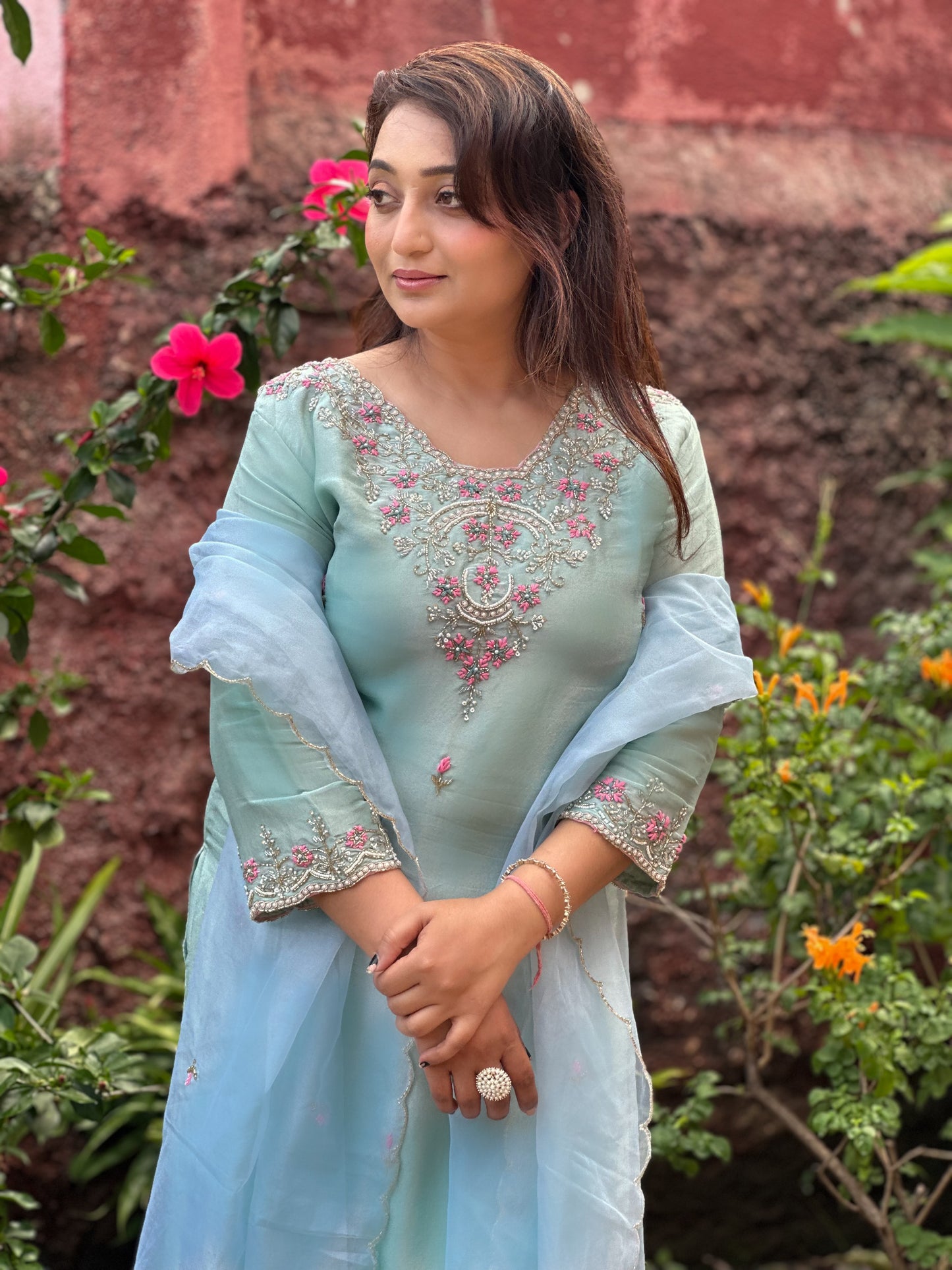 Sea Green Tissue Silk Embroidered Kurta Set