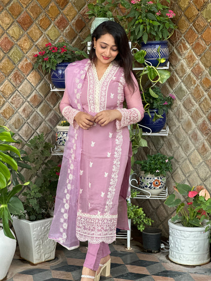 Mauve Purple Organza Embroidered Suit Set