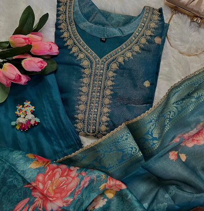 Classy Floral Organza Blue Kurta Set