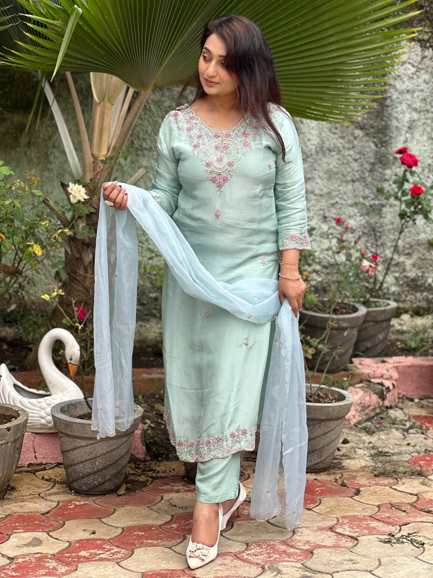 Sea Green Tissue Silk Embroidered Kurta Set