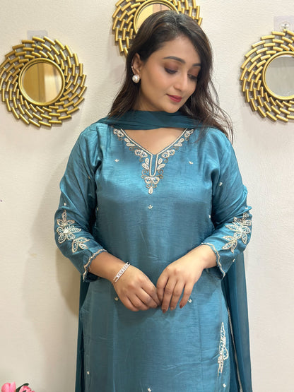 Teal Elegant Moti & Sequin Embroidered Kurta Set