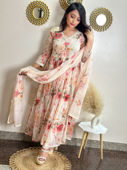 floral mulmul anarkali with a contemporary side slit