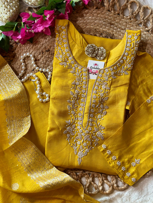 Yellow Dola Silk Kurta Set With Banarasi Dupatta