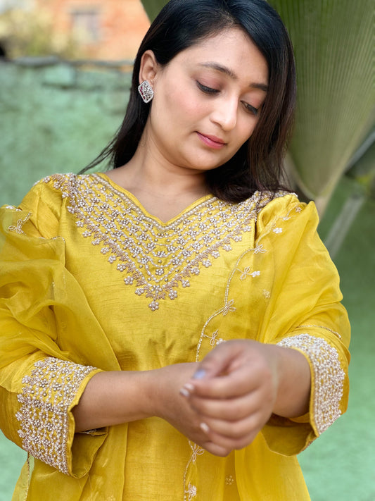 Embroidered Yellow Moti Silk Set