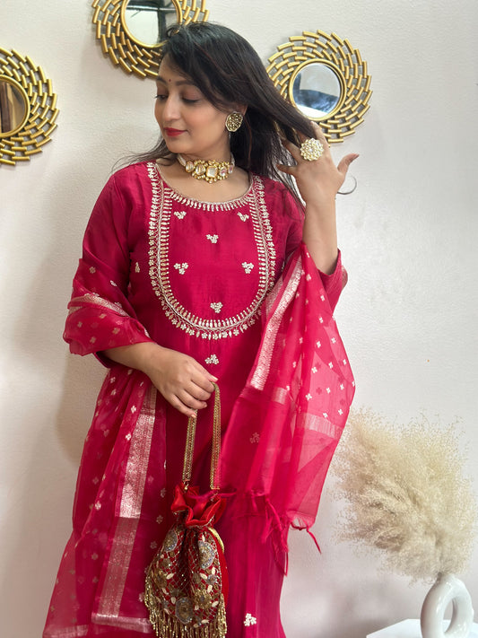 Festive Red Embroidered Silk Set