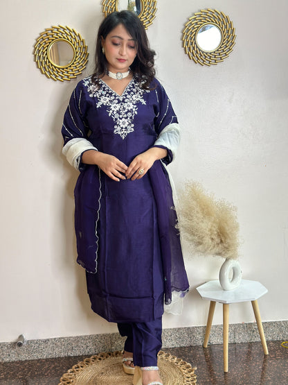 Moti Embroidered Purple Kurta Set