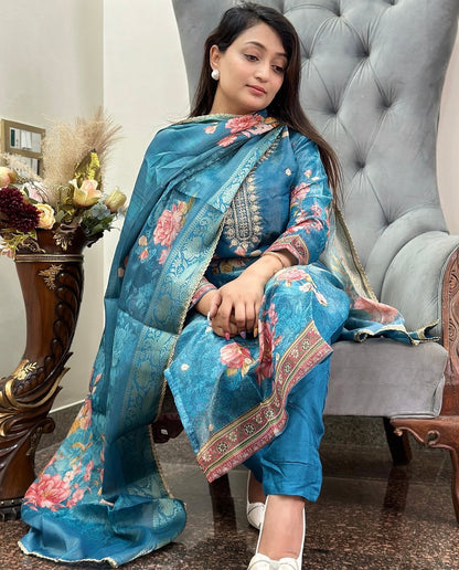 Classy Floral Organza Blue Kurta Set