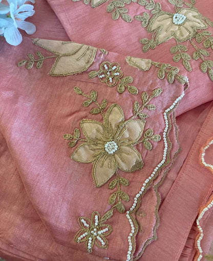 Peachy Pink Beautiful Dola silk kurta, adorned with elegant ribbon embroidery