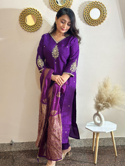 Purple Heavy Embroidered Yoke & Sleeves Silk Kurta Set