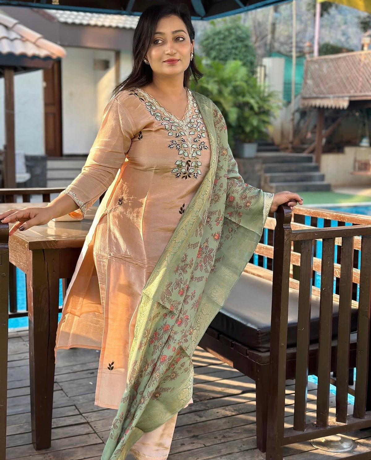 Vibrant floral embroidery with a coordinating floral dupatta.