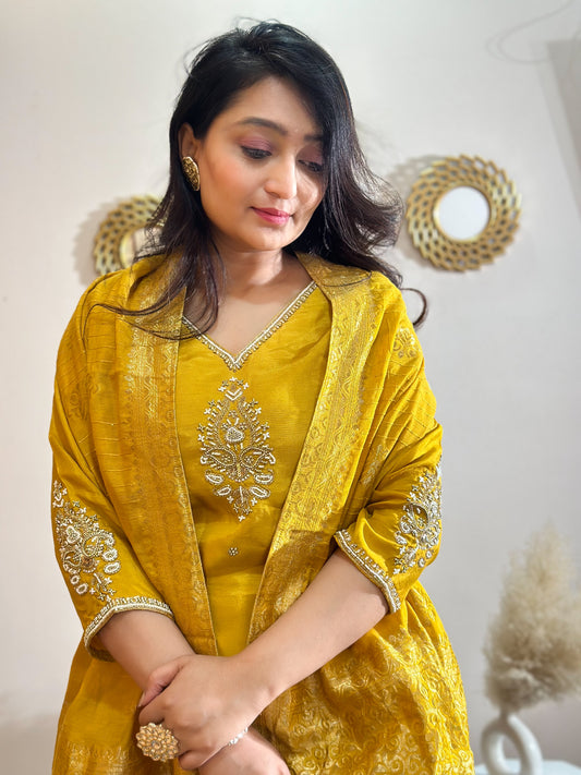 Yellow Heavy Embroidered Yoke & Sleeves Silk Kurta Set