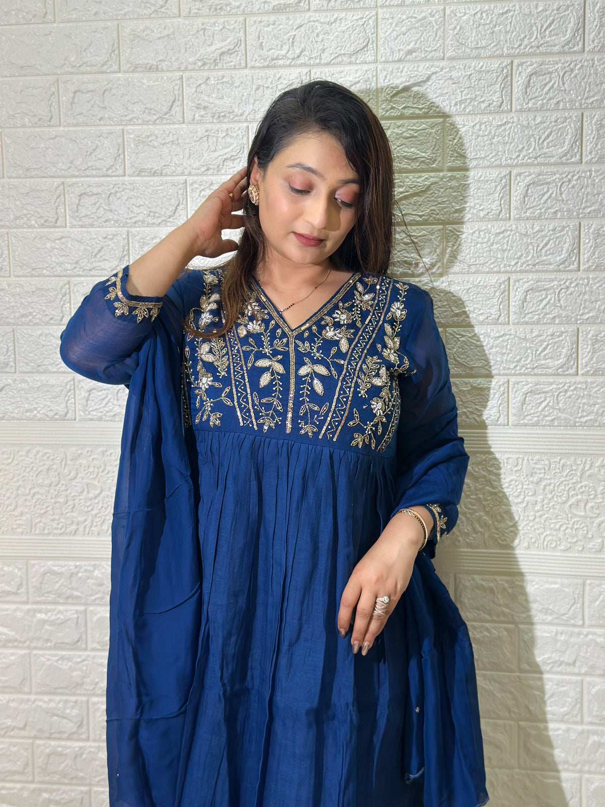 Embroidered Mul Chanderi Aline Kurta Set With Dupatta