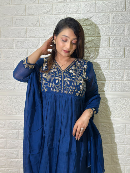 Embroidered Mul Chanderi Aline Kurta Set With Dupatta