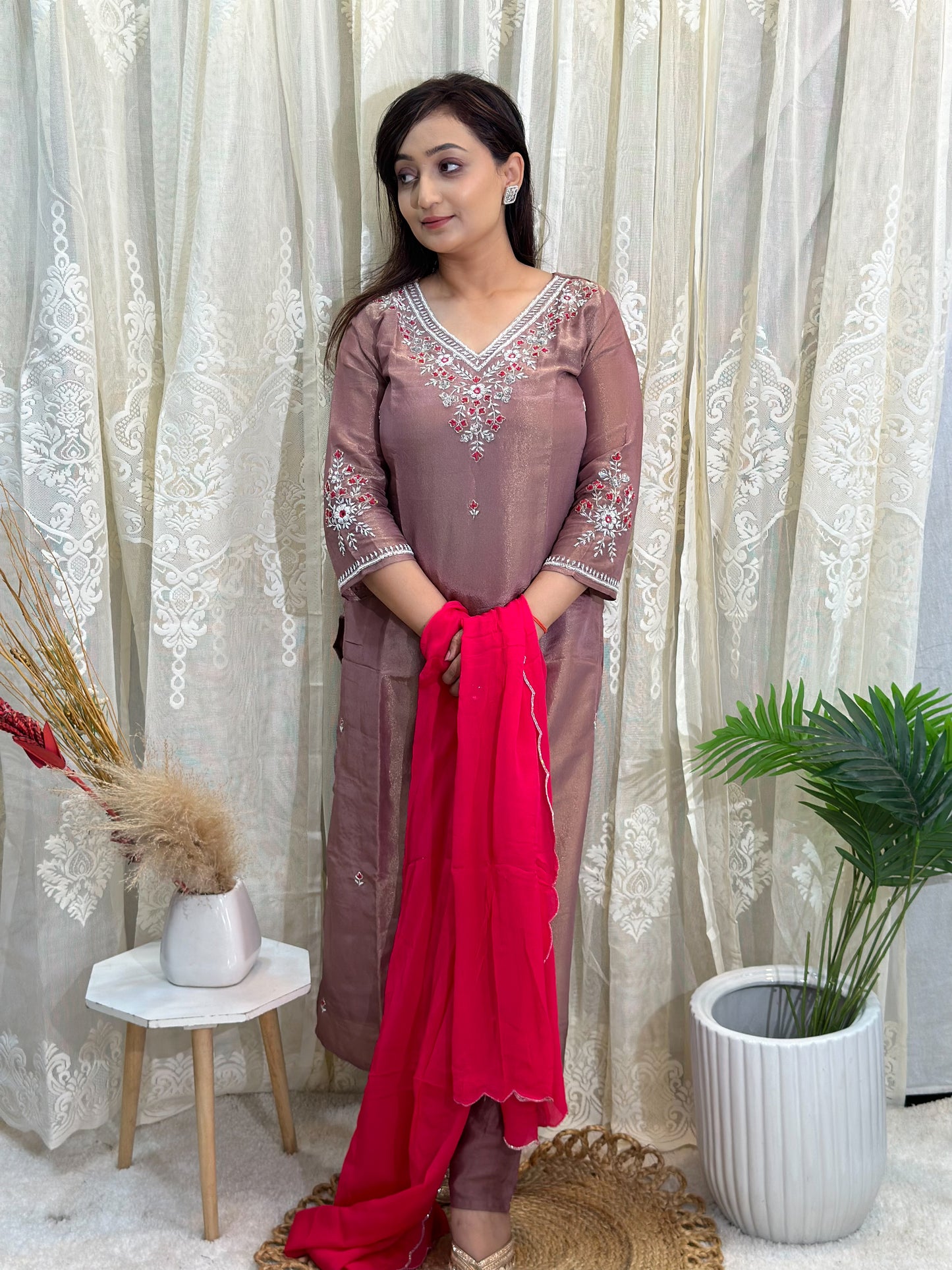 Embroidered Tissue Silk Kurta Set