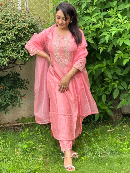 Pink Embroidered Silk Set