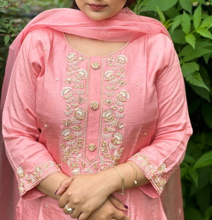 Pink Embroidered Silk Set