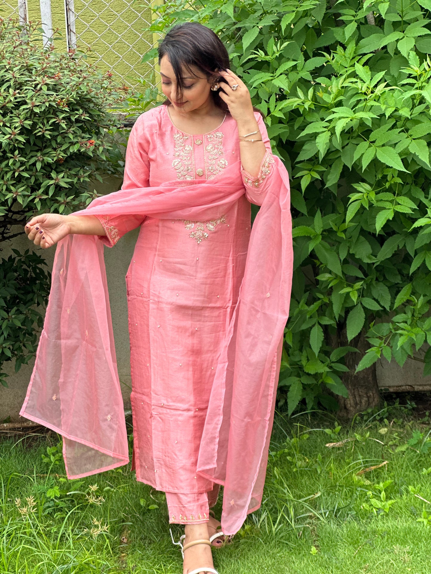 Pink Embroidered Silk Set