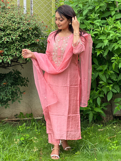 Pink Embroidered Silk Set