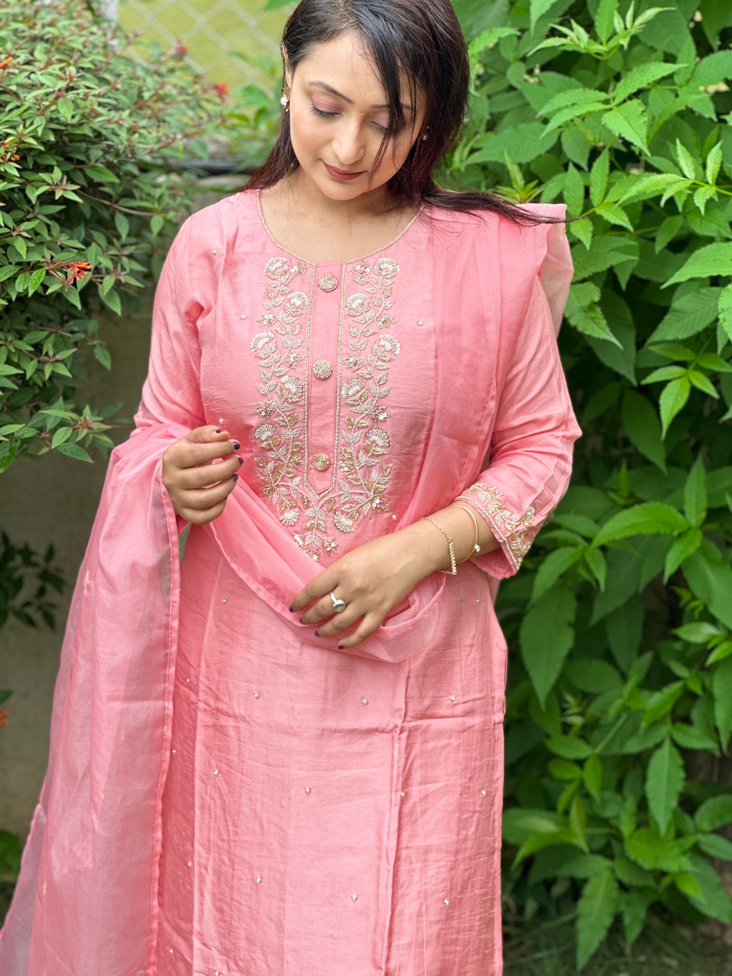 Pink Embroidered Silk Set