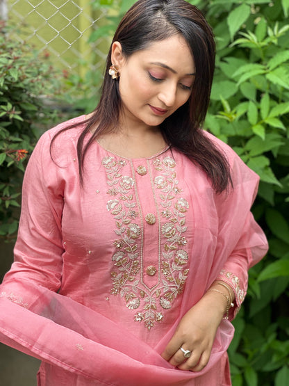 Pink Embroidered Silk Set