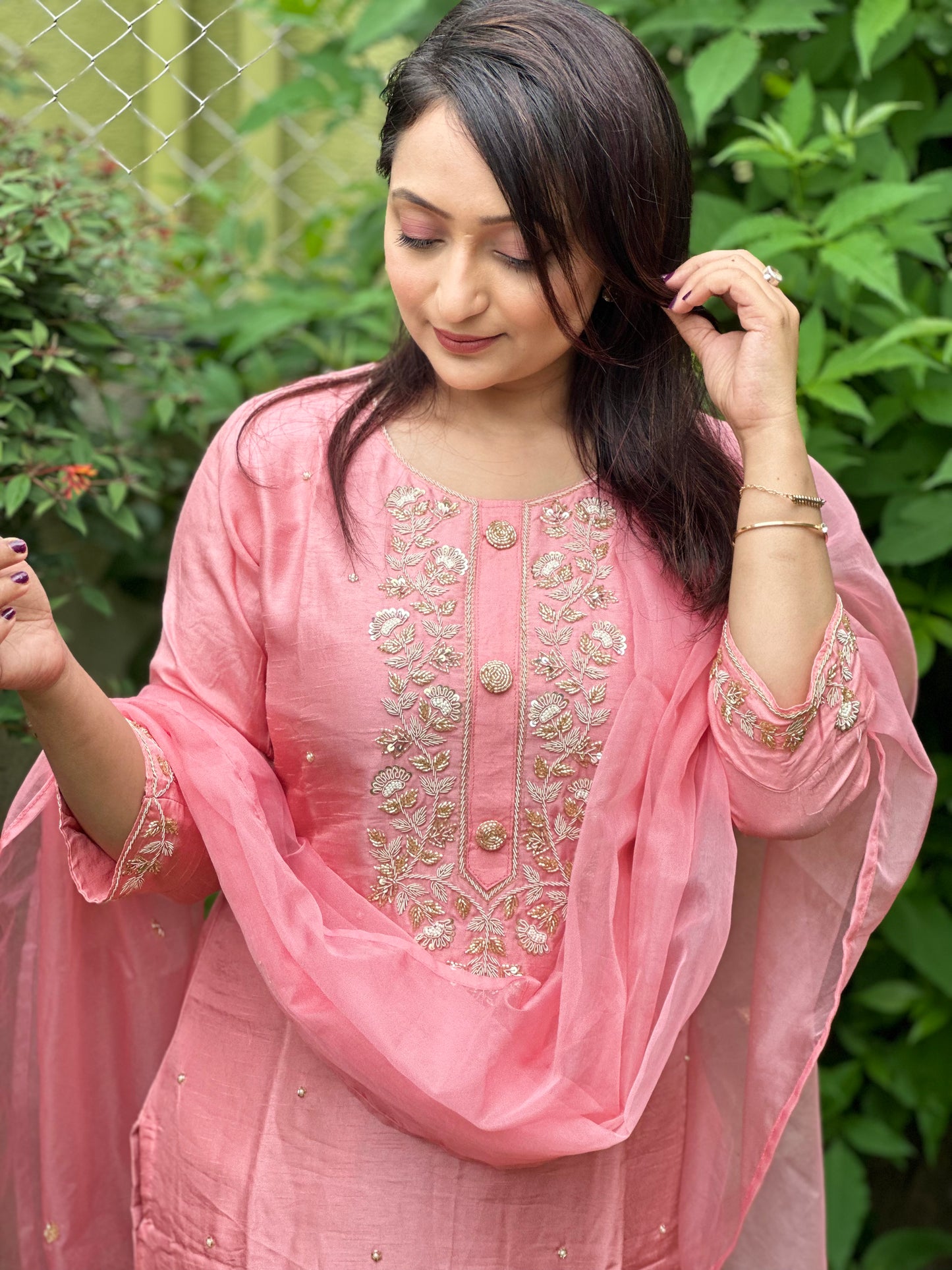 Pink Embroidered Silk Set