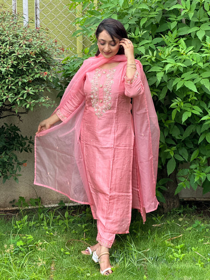 Pink Embroidered Silk Set