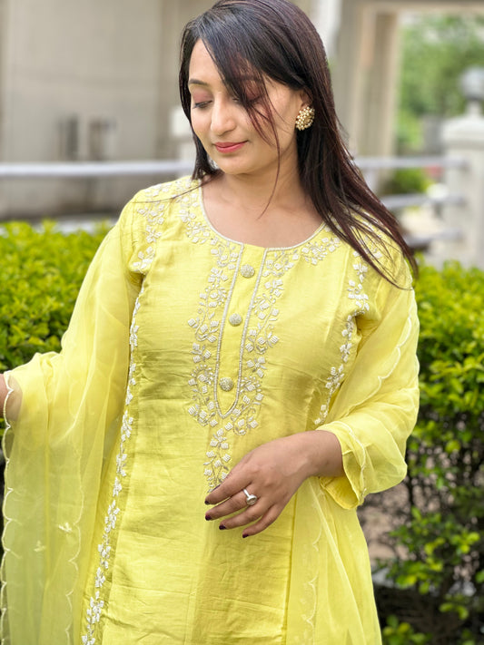 Yellow embroidered silk set