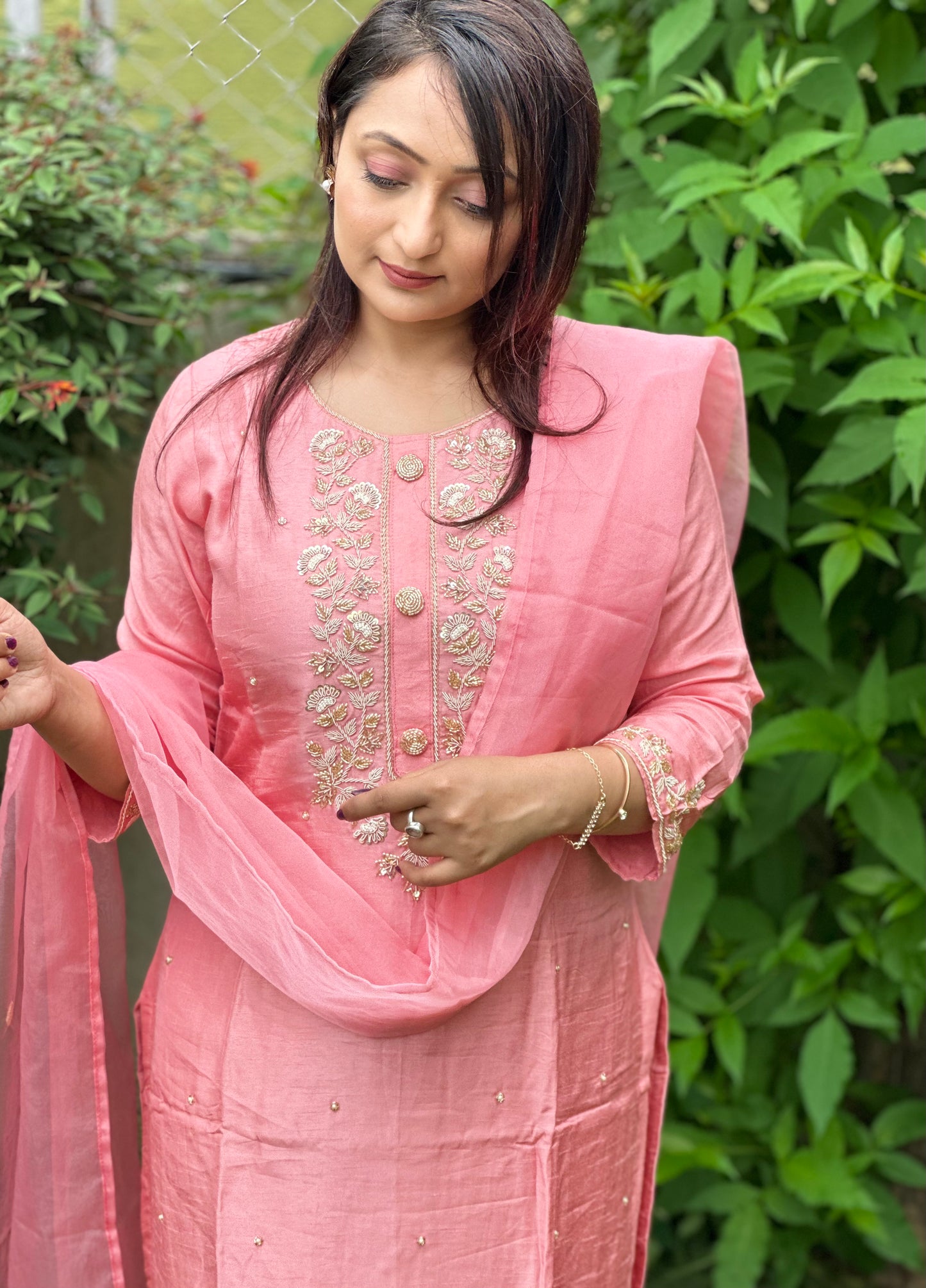 Pink Embroidered Silk Set