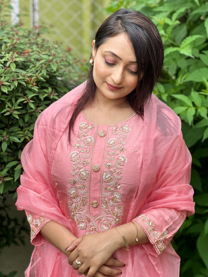 Pink Embroidered Silk Set