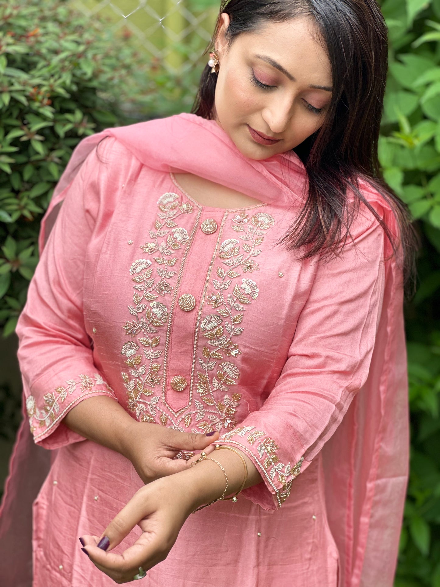 Pink Embroidered Silk Set