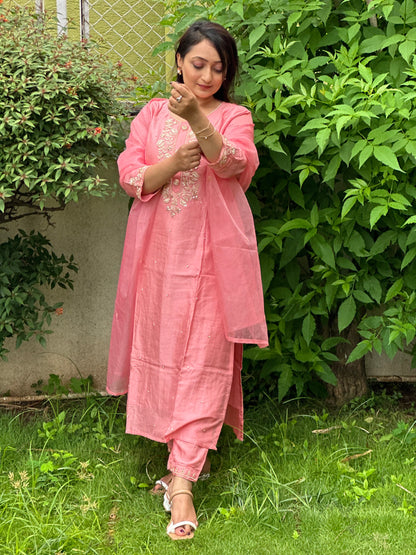 Pink Embroidered Silk Set