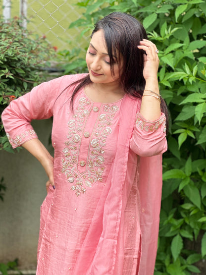 Pink Embroidered Silk Set