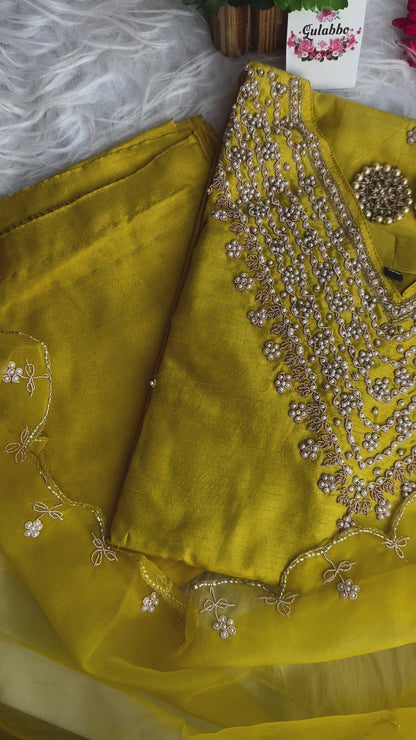 Embroidered Yellow Moti Silk Set