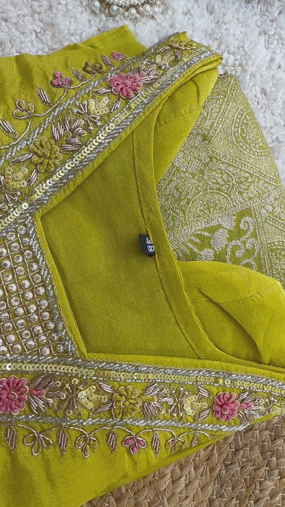 Lime Green Embroidered Kurta Set With Banarasi Dupatta