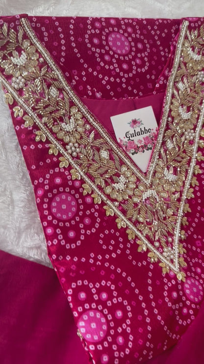 Pink Embroidered Dola Silk Bandhej Kurti