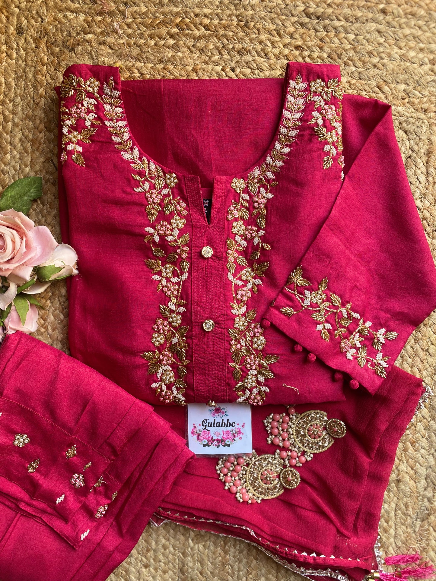 Handwork red embroidered kurti set