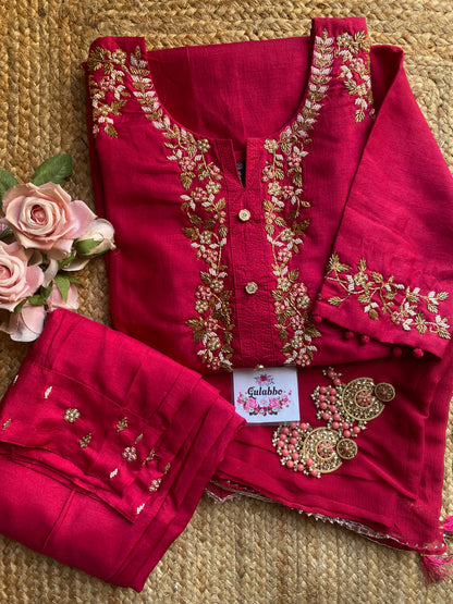 Handwork red embroidered kurti set